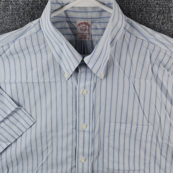 Brooks Brothers 17.5 Blue Striped Short Sleeve Button Up Shirt Traditional Fit - Picture 1 of 13